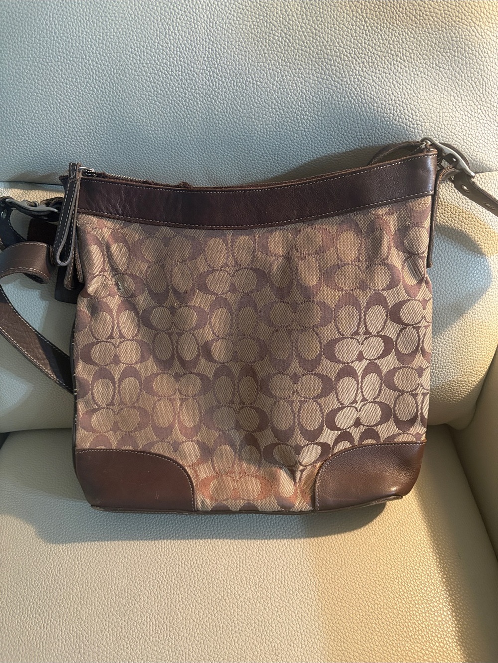 Coach Brown Signature Canvas Crossbody with Leather Trim
